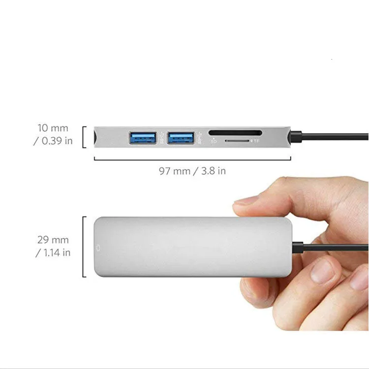 5IN1 USB-C Hub HDMI Adapter, 2 USB 3.0, SD/TF Reader