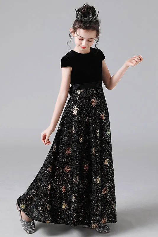 A Line Black Cap Sleeve Floor Length Flower Girl Dresses