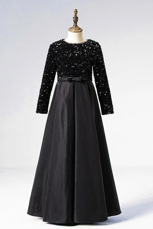 A Line Black Long Sleeves Beaded Flower Girl Dresses