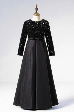 A Line Black Long Sleeves Beaded Flower Girl Dresses