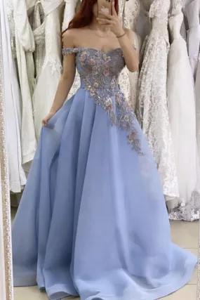 A Line Blue Satin Lace Appliques Evening Party Dresses Off the Shoulder Prom Dresses