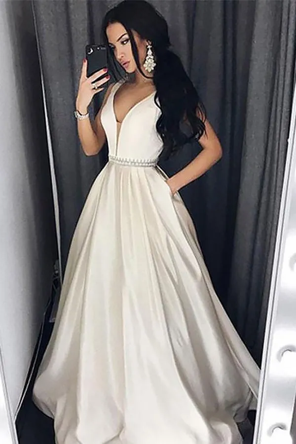 A Line Brush Train Deep V Neck Sleeveless Simple Prom Dresses