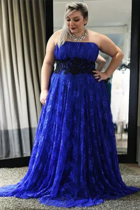 A Line Brush Train Strapless Sleeveless Lace Plus Size Prom Dresses