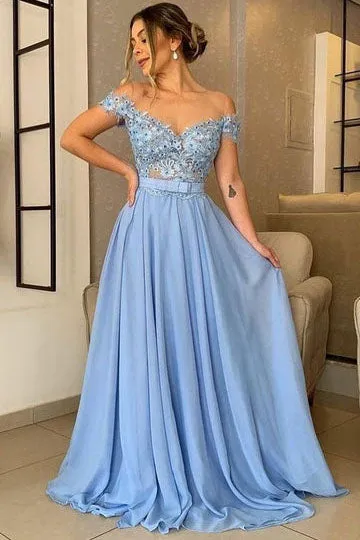 A Line Chiffon Blue Off the Shoulder Dress Appliques Evening Long Prom Dresses