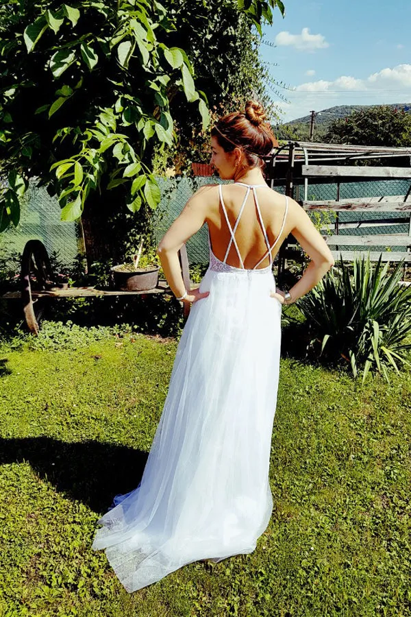 A Line Floor Length Halter Backless Appliques Beach Wedding Dresses