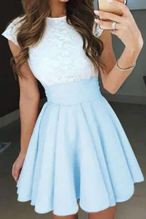 A Line Jewel Neck Capped Sleeve Keyhole Back Appliques Short Homecoming Dresses