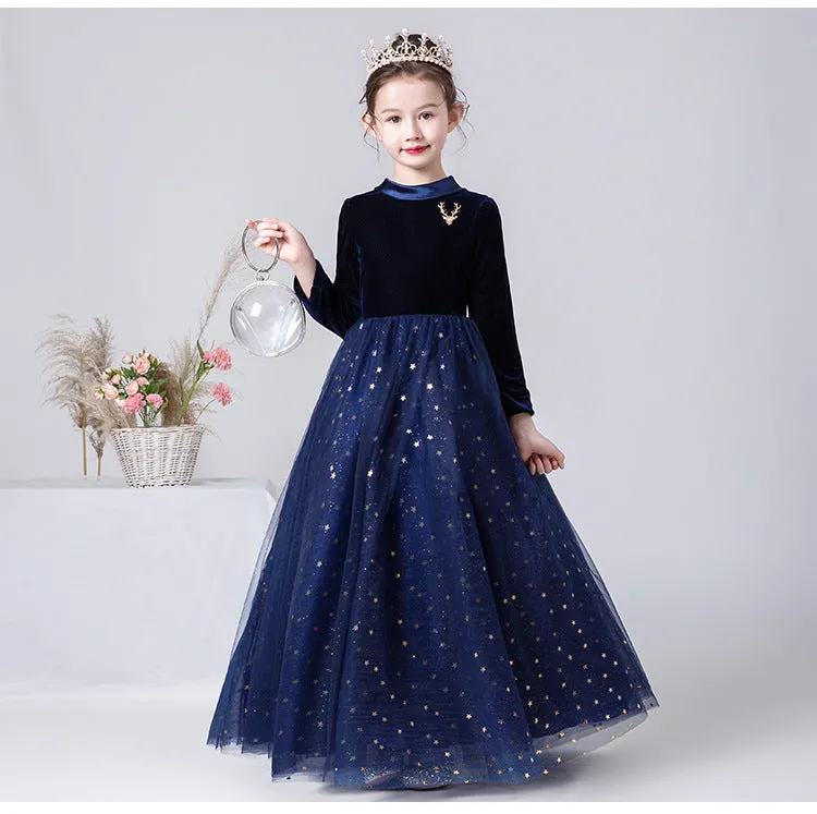 A Line Navy Blue Long Sleeves Star Tulle Flower Girl Dresses