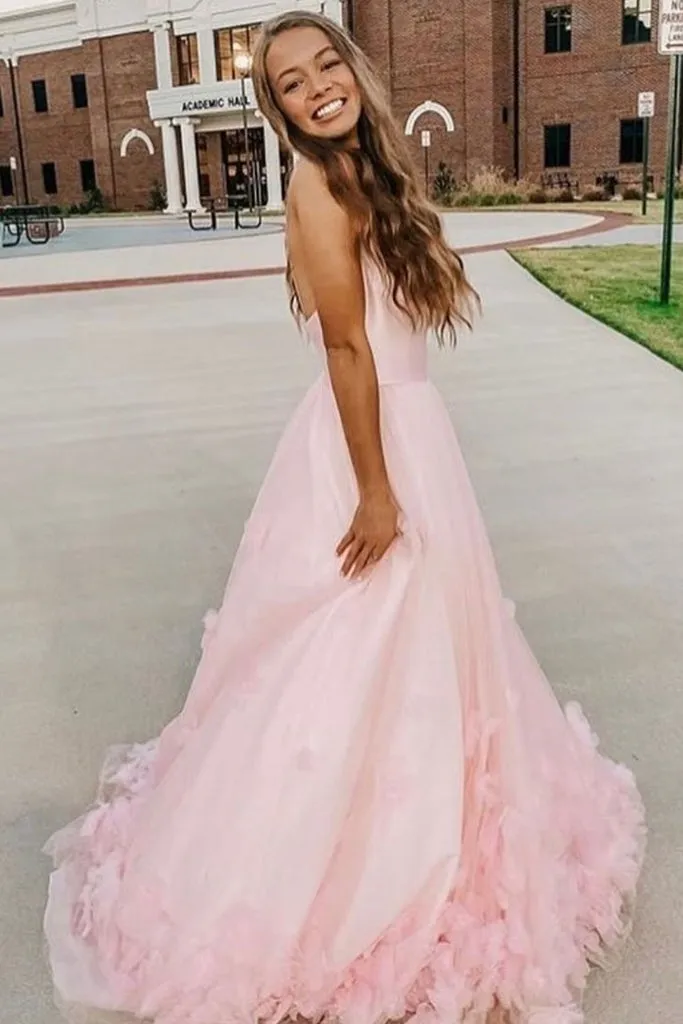 A Line Pink 3D Flowers Formal Evening Dresses Tulle Long Prom Dresses with Straps