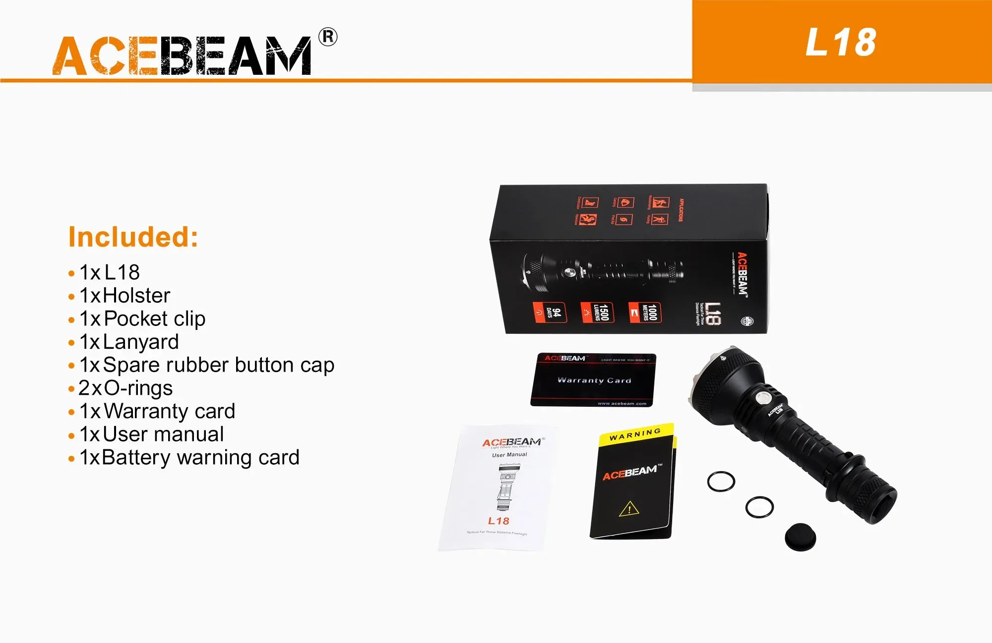 Acebeam L18 1500 Lumens LED Tactical Flashlight with Rechargeable 21700 Battery