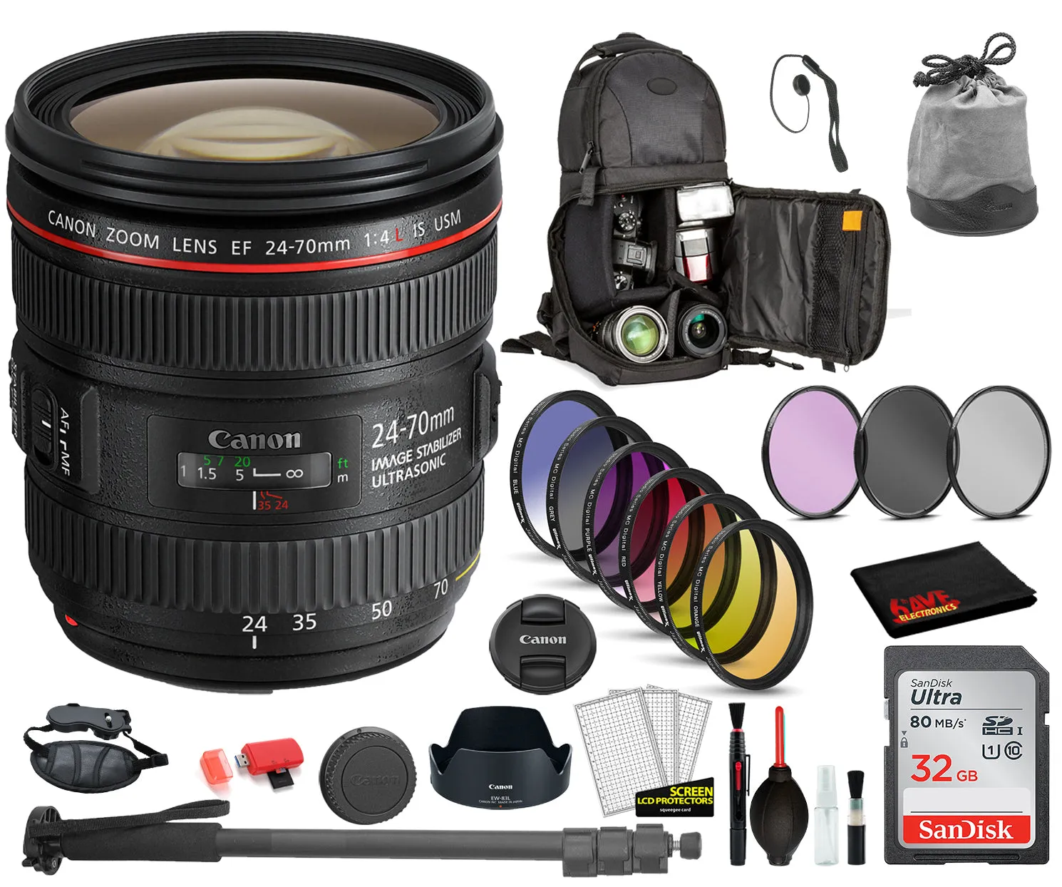 Canon EF 24-70mm f/4L IS USM Lens  (6313B002) with  Bundle Includes: 9PC Filter Kit, Sandisk 32GB SD   More