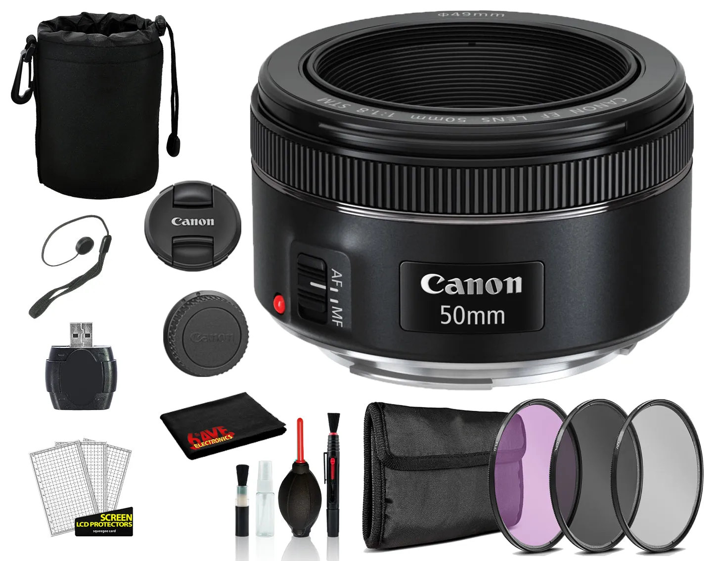 Canon EF 50mm f/1.8 STM Lens (0570C002) Lens with Bundle  includes 3pc Filter Kit    Lens Pouch   More