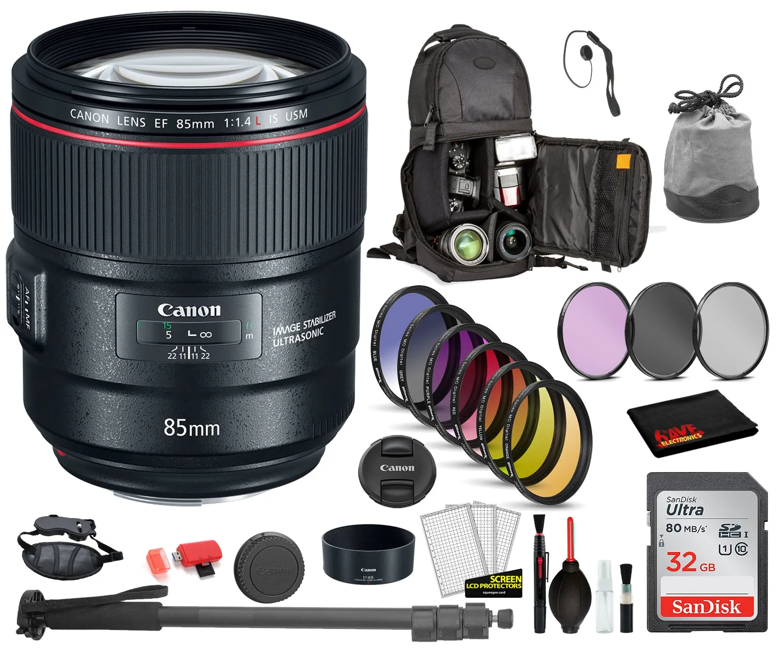 Canon EF 85mm f/1.4L IS USM Lens  (2271C002) with Bundle  Includes: 9PC Filter Kit, Sandisk 32GB SD   More