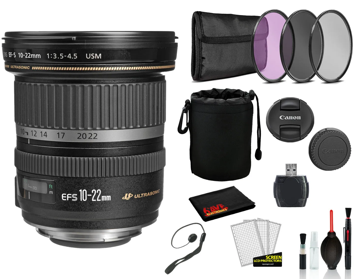 Canon EF-S 10-22mm f/3.5-4.5 USM (9518A002) Lens with Bundle includes 3pc Filter Kit    Lens Pouch   More