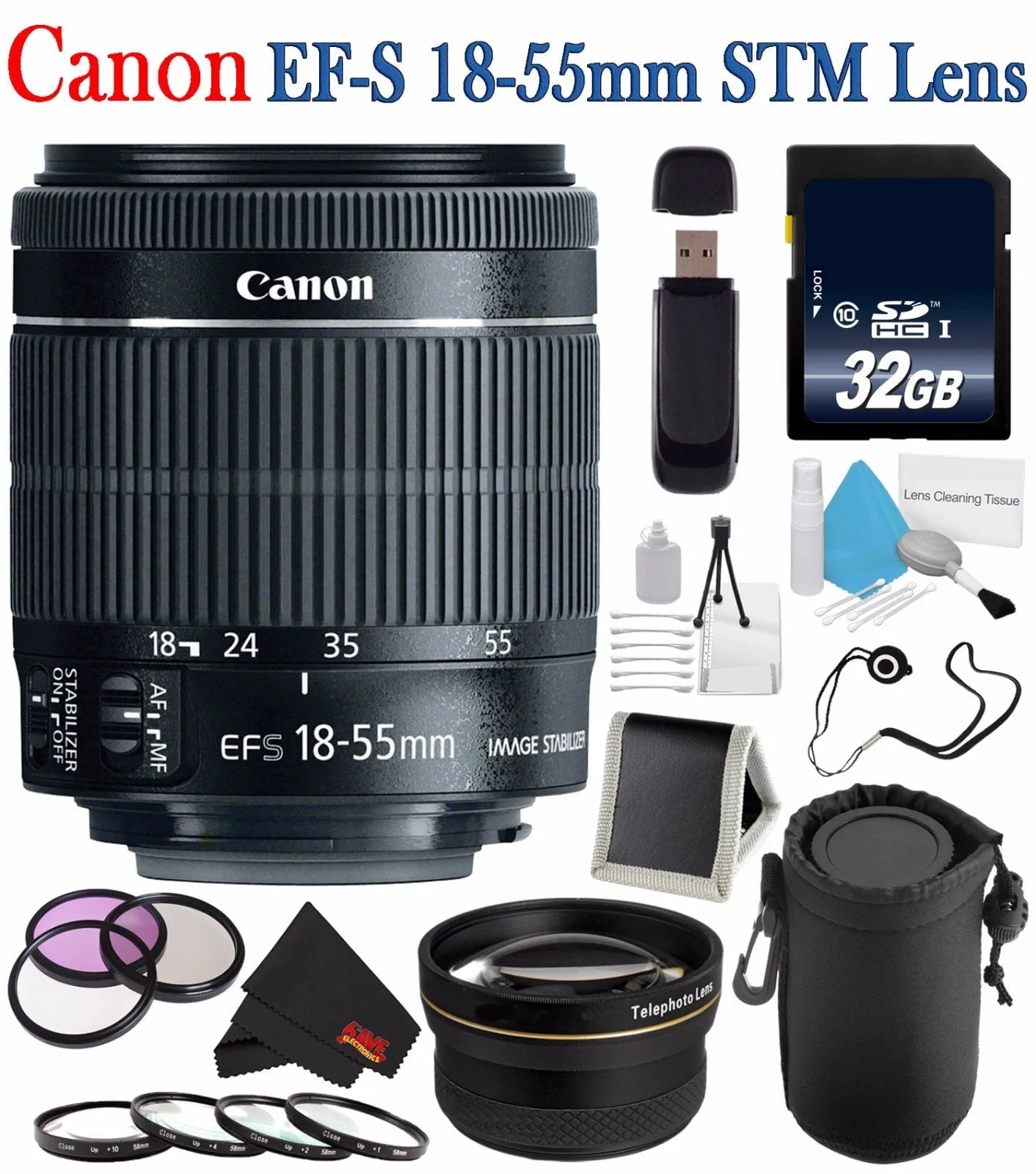 Canon EF-S 18-55mm f/3.5-5.6 IS STM Lens 8114B002   58mm 3 Piece Filter Kit   Deluxe Lens Pouch   58mm 2x Telephoto Lens Bundle