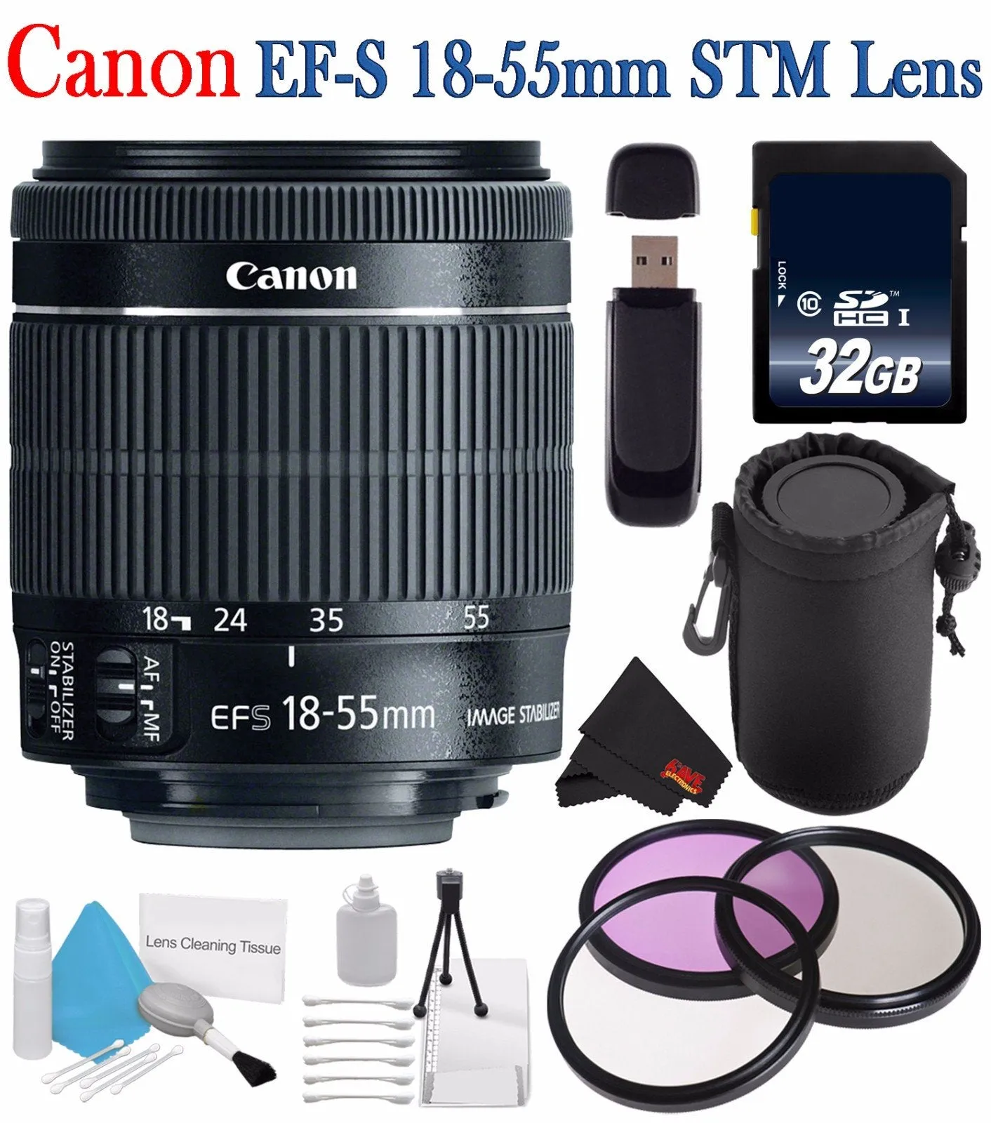 Canon EF-S 18-55mm f/3.5-5.6 IS STM Lens 8114B002   58mm 3 Piece Filter Kit   SD Card USB Reader   Deluxe Lens Pouch Bundle