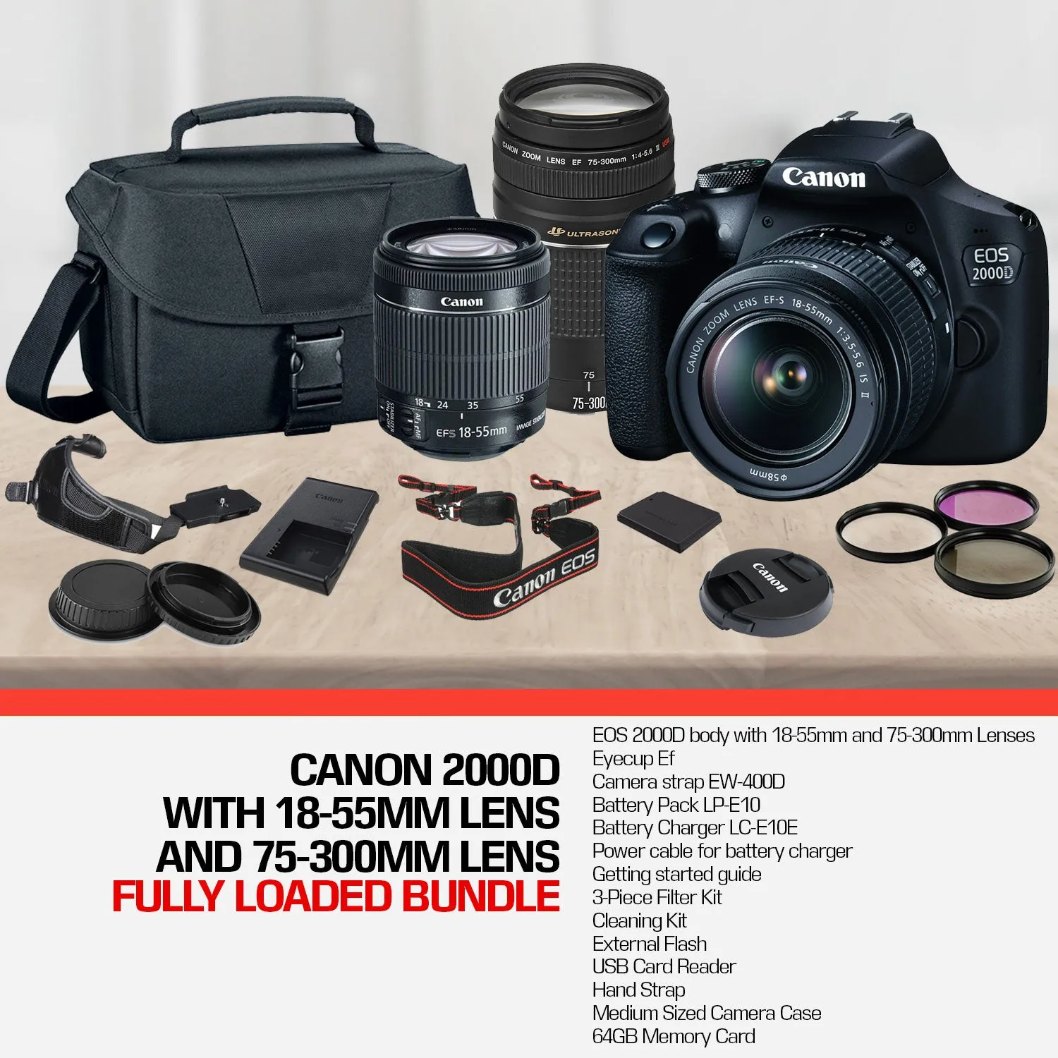 Canon EOS 2000D (Rebel t7) DSLR Camera and EF-S 18-55 mm f/3.5-5.6 IS III Lens   75-300mm Telephoto Zoom Lens   64GB Memory Card