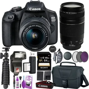 Canon EOS 2000D (Rebel t7) DSLR Camera and EF-S 18-55 mm f/3.5-5.6 IS III Lens   75-300mm Telephoto Zoom Lens   64GB Memory Card