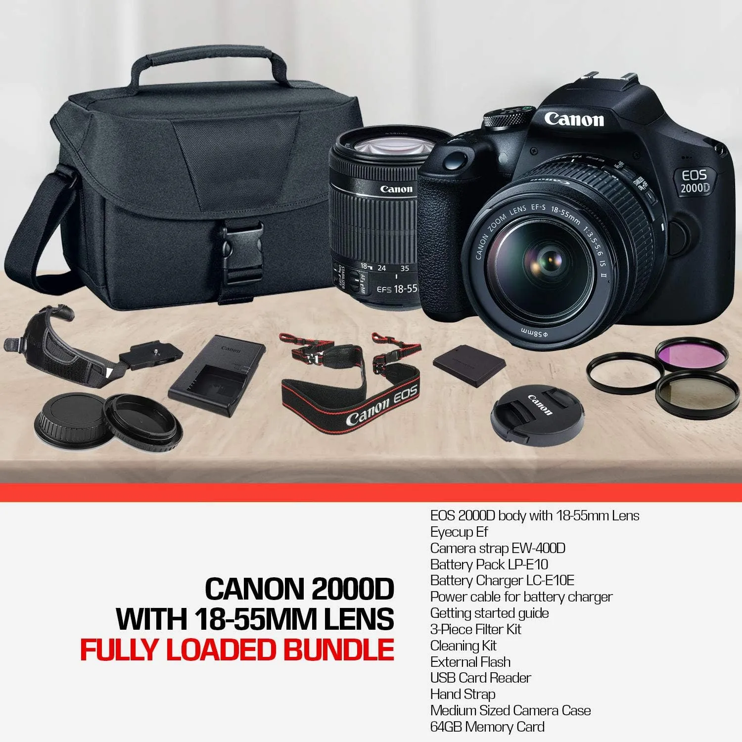 Canon EOS 2000D / Rebel T7 DSLR Camera and EF-S 18-55mm f/3.5-5.6 IS DC III Lens   32GB Memory Card   Camera Bag   Cleaning Kit   Table Tripod   Filters - Intl Model