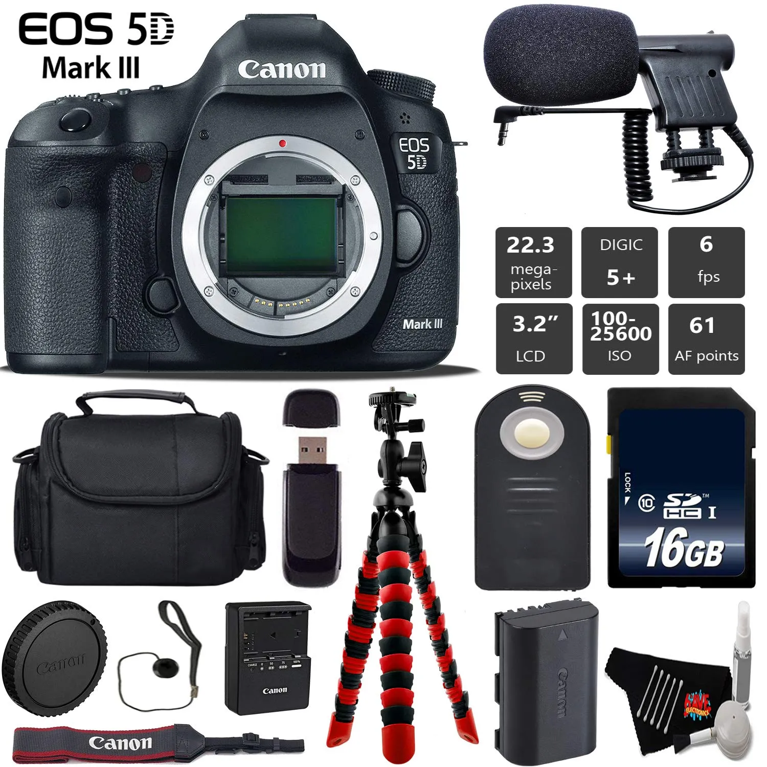 Canon EOS 5D Mark III DSLR Camera (Body Only)   Wireless Remote   Condenser Microphone   Case   Wrist Strap   Tripod Base Bundle