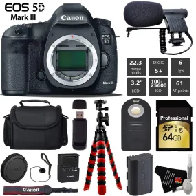 Canon EOS 5D Mark III DSLR Camera (Body Only)   Wireless Remote   Condenser Microphone   Case   Wrist Strap   Tripod Pro Bundle