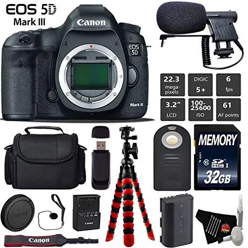 Canon EOS 5D Mark III DSLR Camera (Body Only)   Wireless Remote   Condenser Microphone   Case   Wrist Strap   Tripod Starter Bundle