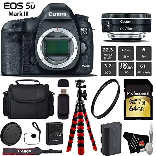 Canon EOS 5D Mark III DSLR Camera with 24mm f/2.8 STM Lens   Wireless Remote   UV Protection Filter   Case   Wrist Strap Pro Bundle