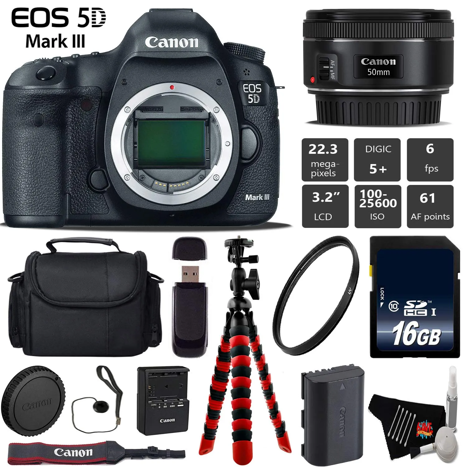 Canon EOS 5D Mark III DSLR Camera with 50mm f/1.8 STM Lens   Wireless Remote   UV Protection Filter   Case   Wrist Strap Base Bundle