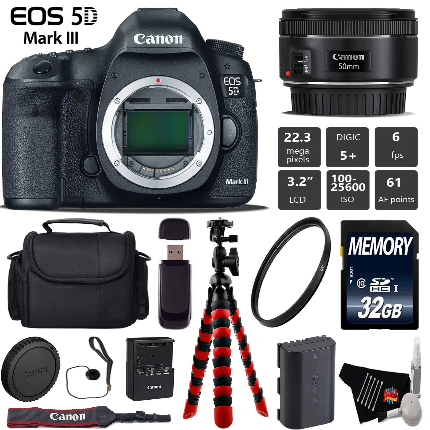 Canon EOS 5D Mark III DSLR Camera with 50mm f/1.8 STM Lens   Wireless Remote   UV Protection Filter   Case   Wrist Strap Starter Bundle