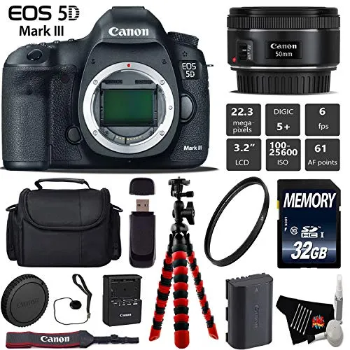 Canon EOS 5D Mark III DSLR Camera with 50mm f/1.8 STM Lens   Wireless Remote   UV Protection Filter   Case   Wrist Strap Starter Bundle