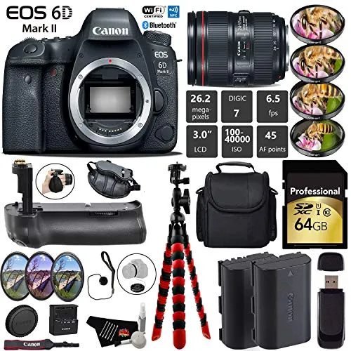 Canon EOS 6D Mark II DSLR Camera with 24-105mm f/4L II Lens   Professional Battery Grip   4PC Macro Filter Kit   LED Kit Pro Bundle