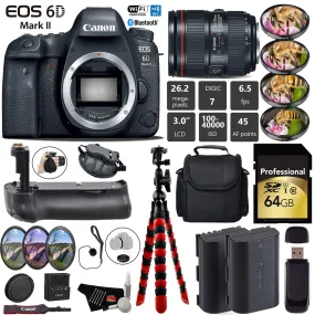 Canon EOS 6D Mark II DSLR Camera with 24-105mm f/4L II Lens   Professional Battery Grip   4PC Macro Filter Kit   LED Kit Pro Bundle