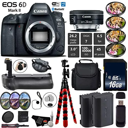 Canon EOS 6D Mark II DSLR Camera With 24mm 2.8 STM Lens   Professional Battery Grip   4PC Macro Filter Kit   LED Kit Base Bundle