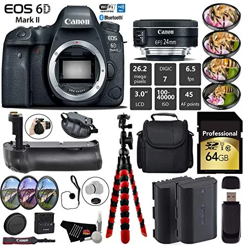 Canon EOS 6D Mark II DSLR Camera With 24mm 2.8 STM Lens   Professional Battery Grip   4PC Macro Filter Kit   LED Kit Starter Bundle