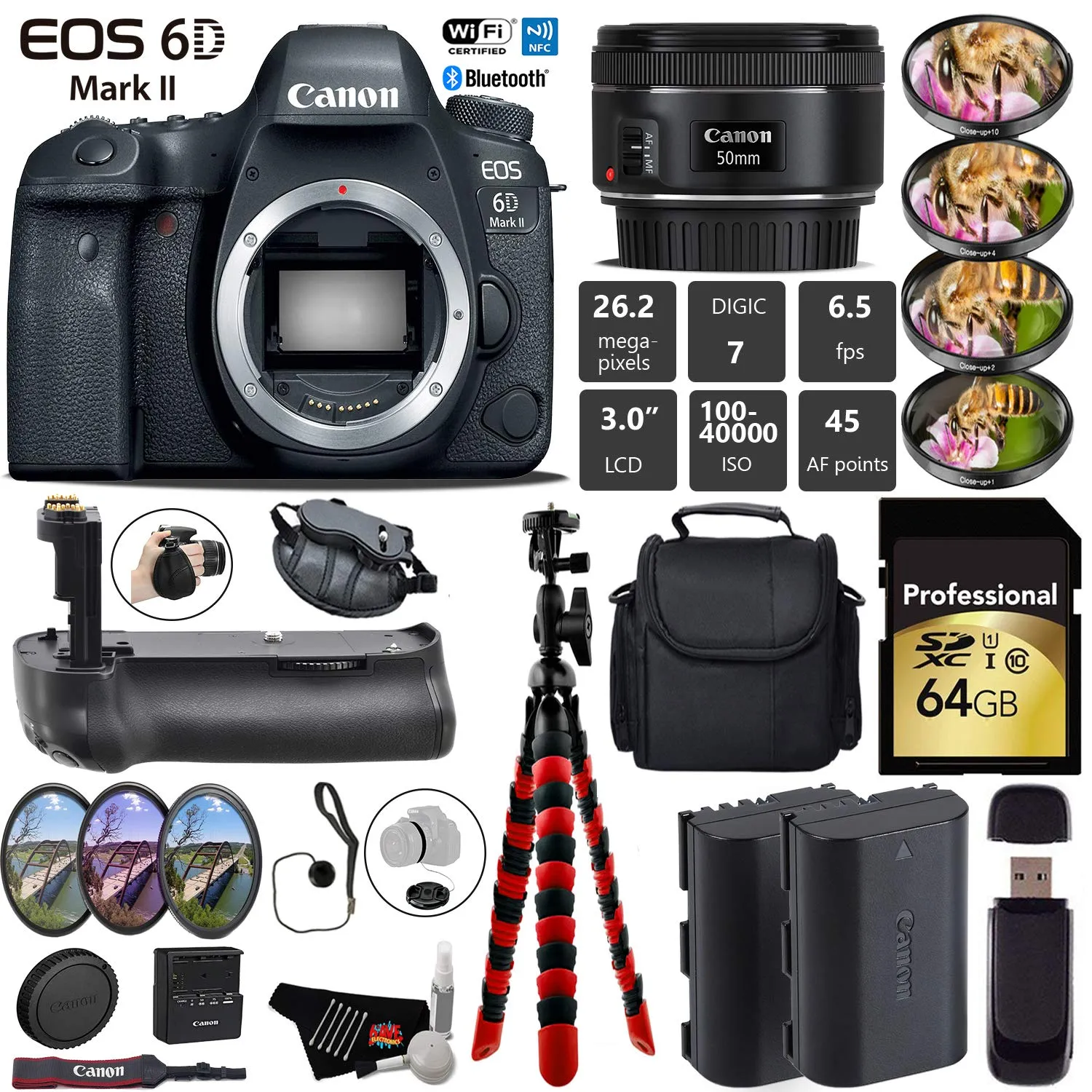 Canon EOS 6D Mark II DSLR Camera With 50mm 1.8 STM Lens   Professional Battery Grip   4PC Macro Filter Kit   LED Kit Pro Bundle