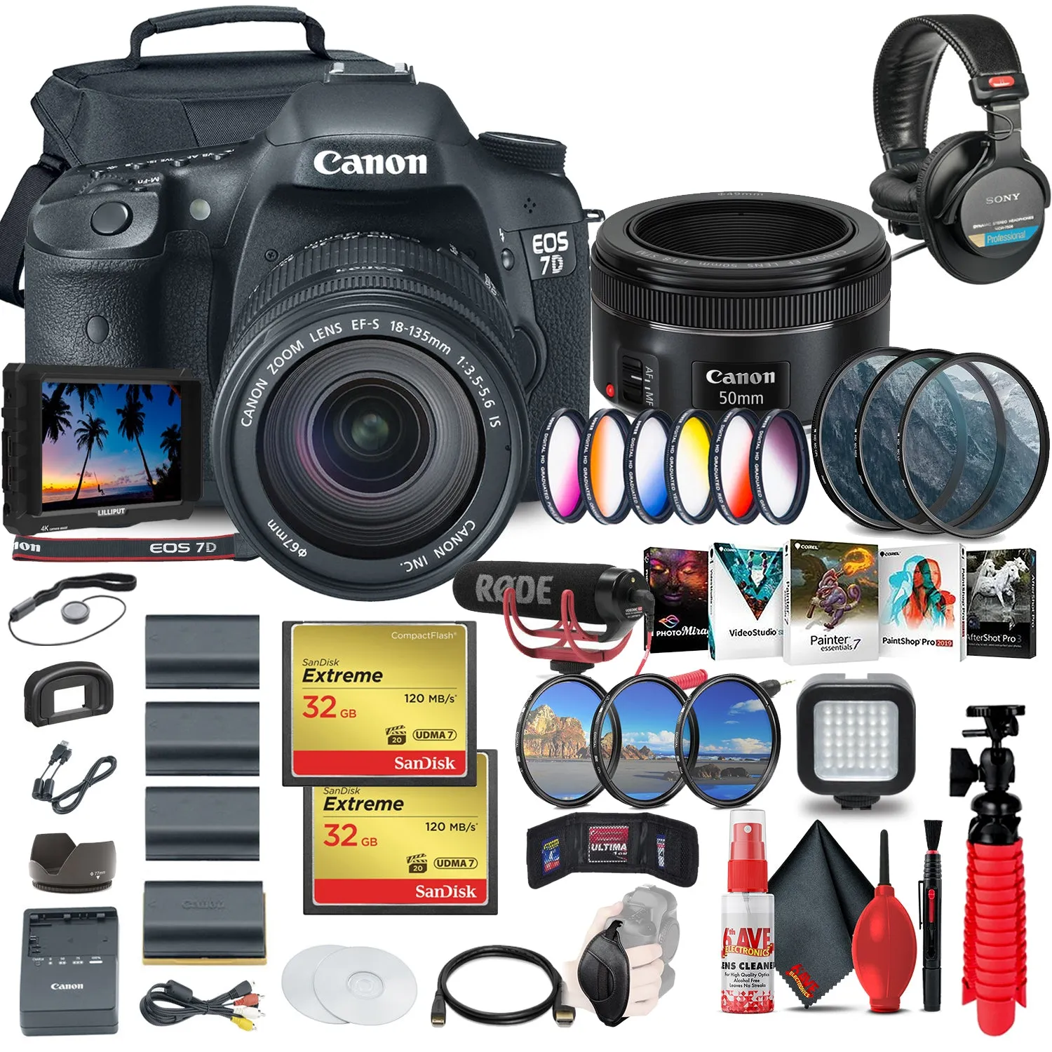 Canon EOS 7D DSLR Camera with 18-135mm Kit (3814B016)   4K Monitor   Canon EF 50