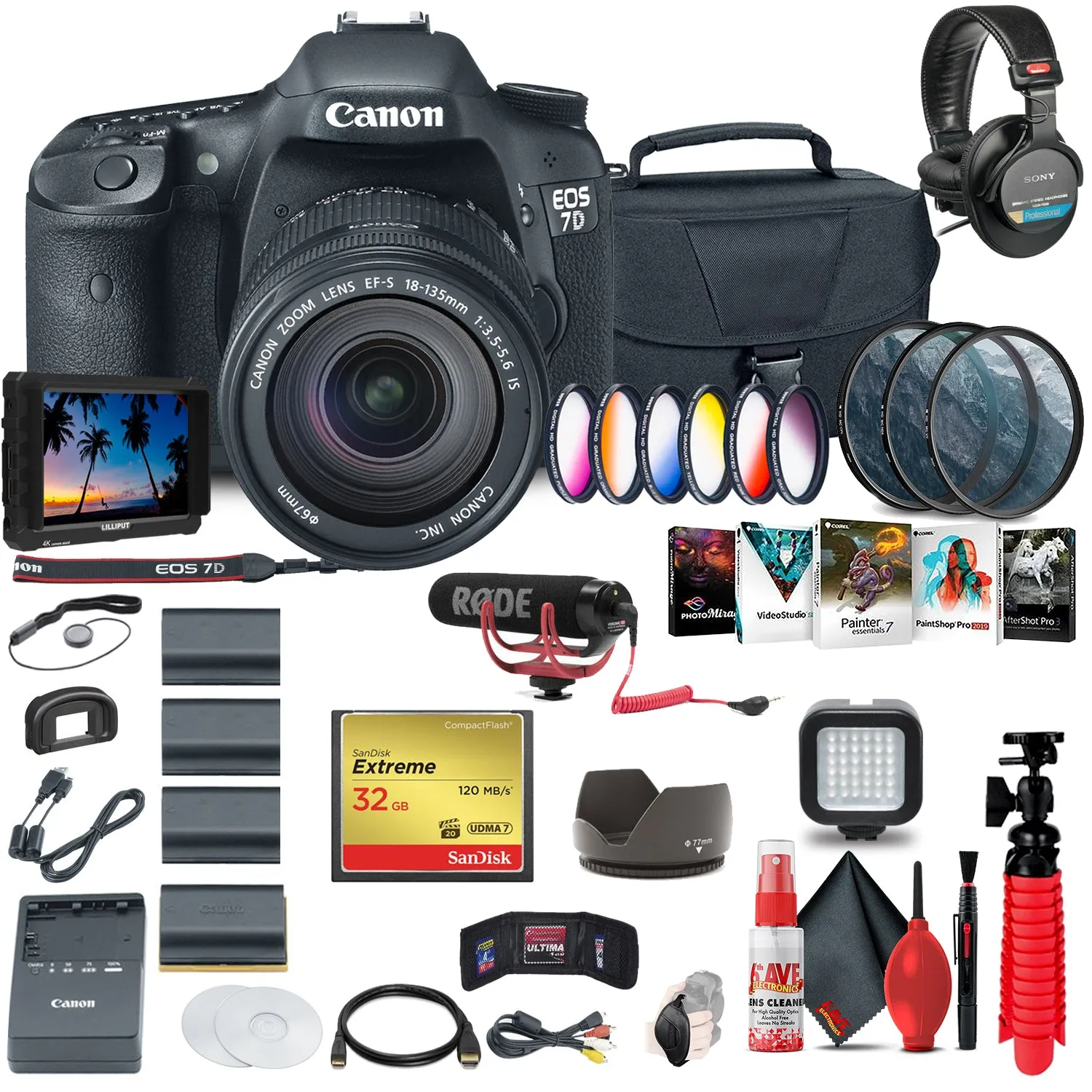 Canon EOS 7D DSLR Camera with 18-135mm Kit (3814B016)   4K Monitor   Mic   More