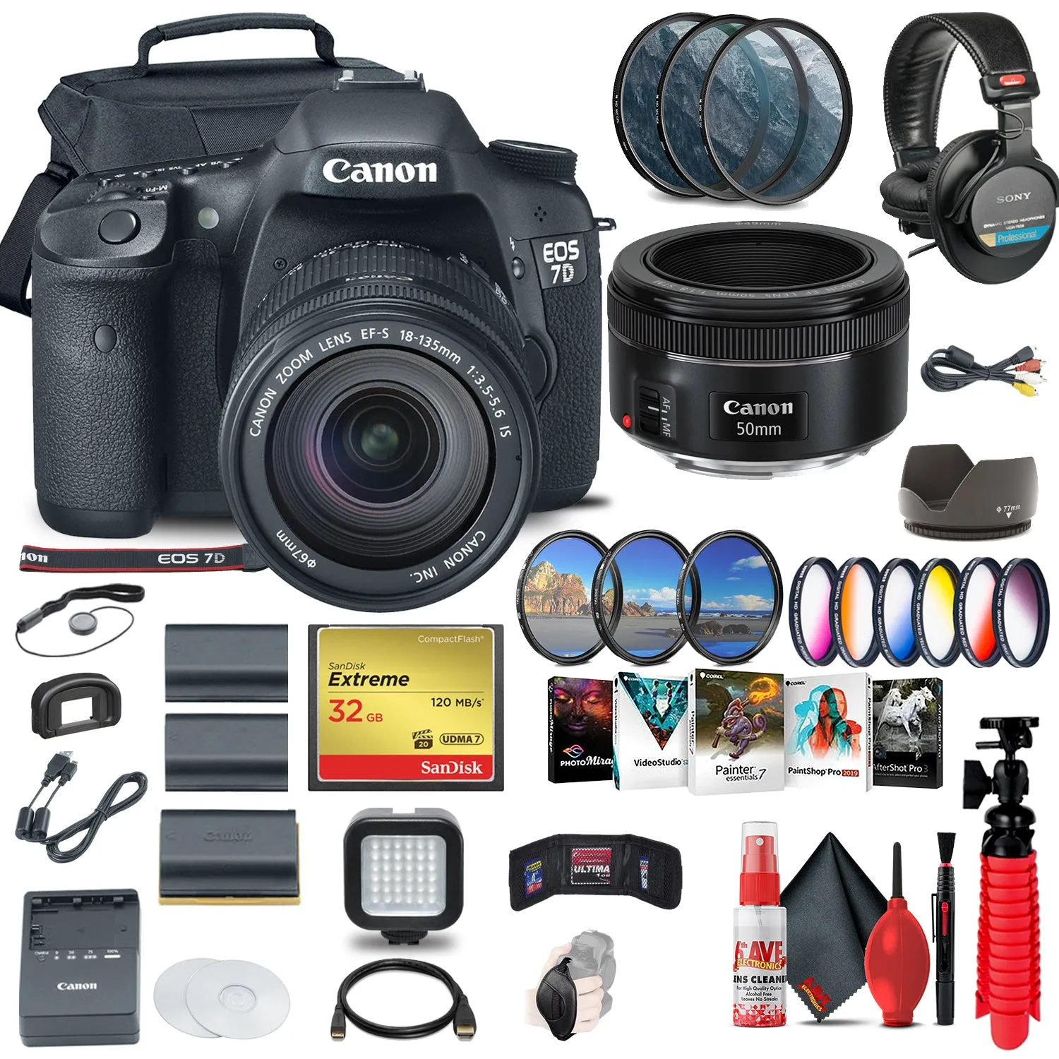 Canon EOS 7D DSLR Camera with 18-135mm Kit (3814B016)   EF 50mm Lens Ultimate Bundle