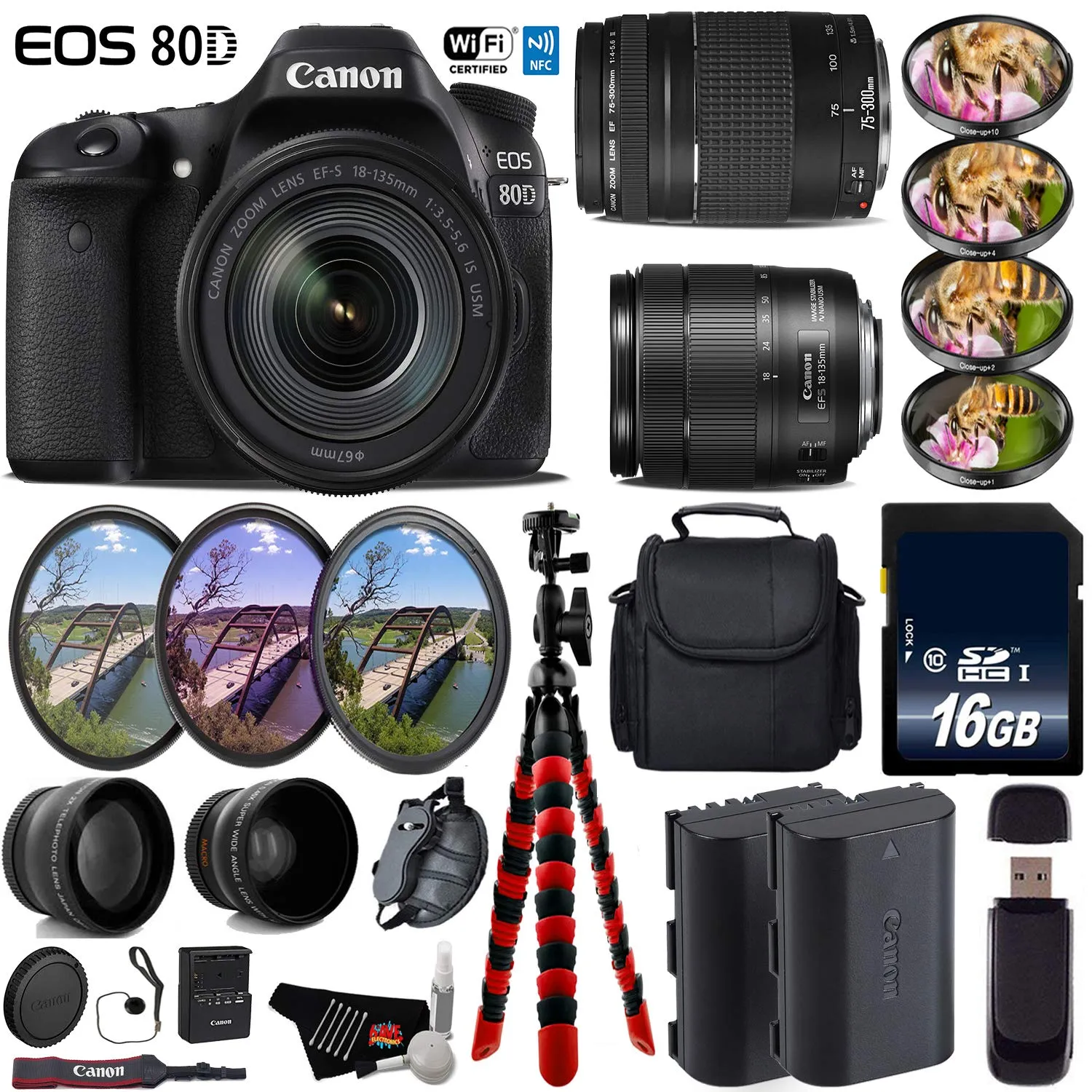 Canon EOS 80D DSLR Camera & 18-135mm is STM Lens & 75-300mm III Lens   UV FLD CPL Filter Kit   4 PC Macro Kit Advanced Bundle