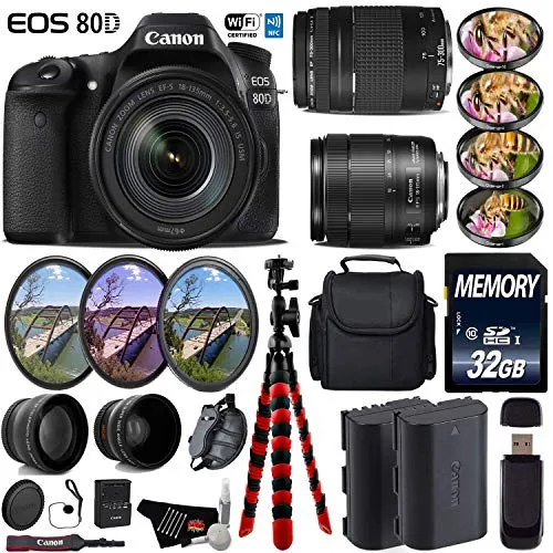 Canon EOS 80D DSLR Camera & 18-135mm is STM Lens & 75-300mm III Lens   UV FLD CPL Filter Kit   4 PC Macro Kit Deluxe Bundle