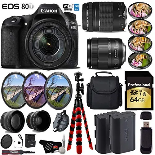 Canon EOS 80D DSLR Camera & 18-135mm is STM Lens & 75-300mm III Lens   UV FLD CPL Filter Kit   4 PC Macro Kit Ultimate Bundle