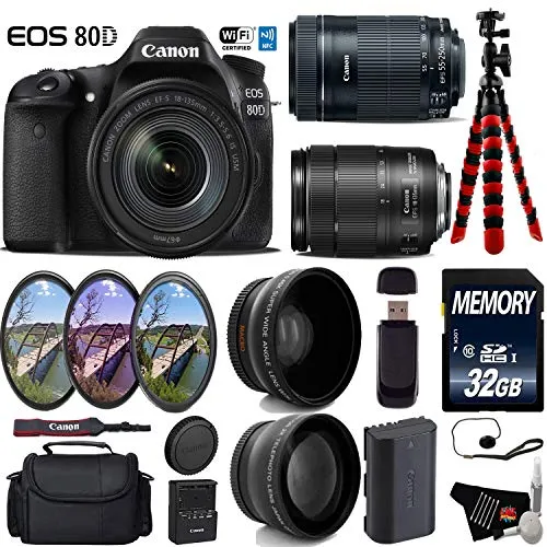 Canon EOS 80D DSLR Camera with 18-135mm is STM Lens & 55-250mm is STM Lens   UV FLD CPL Filter Kit Deluxe Bundle