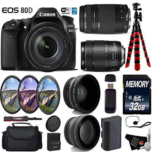 Canon EOS 80D DSLR Camera with 18-135mm is STM Lens & 75-300mm III Lens   UV FLD CPL Filter Kit Ultimate Bundle