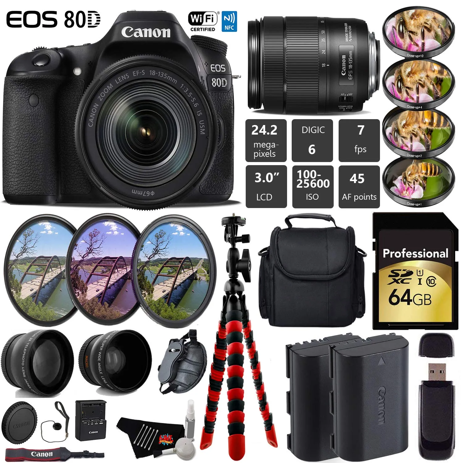 Canon EOS 80D DSLR Camera with 18-135mm is STM Lens   UV FLD CPL Filter Kit   4 PC Macro Kit   Wide Angle & Telephoto Lens Pro Bundle