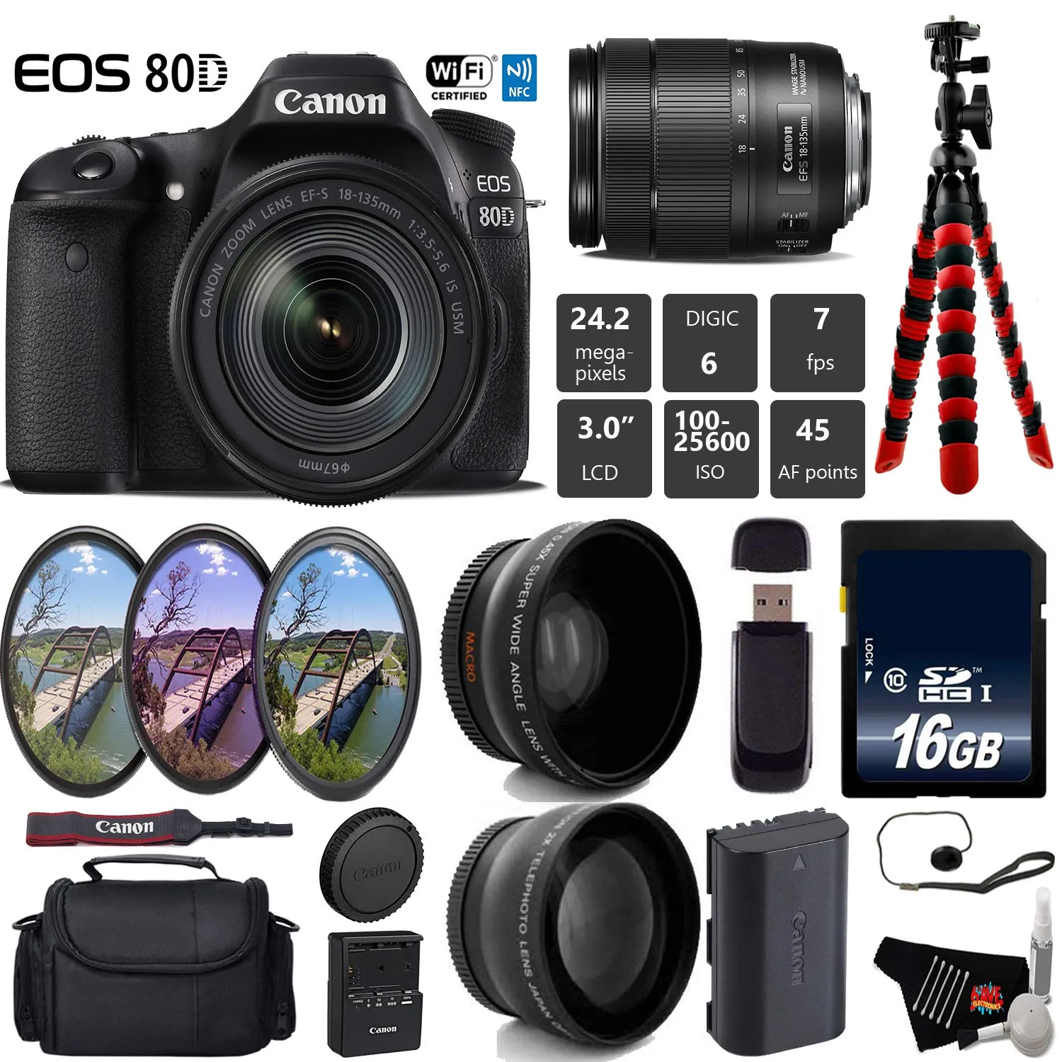 Canon EOS 80D DSLR Camera with 18-135mm is STM Lens   UV FLD CPL Filter Kit   Wide Angle & Telephoto Lens   Camera Case Base Bundle