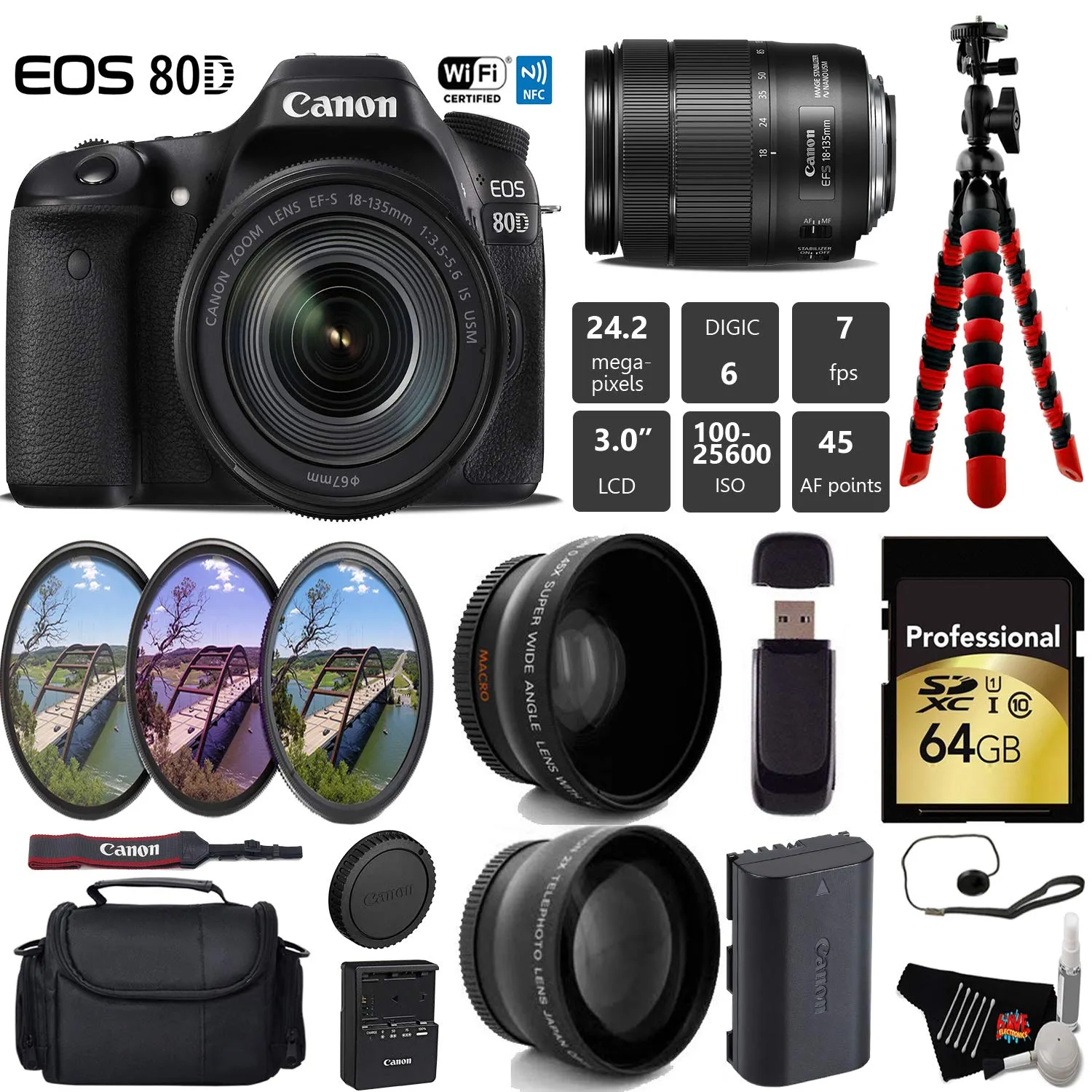 Canon EOS 80D DSLR Camera with 18-135mm is STM Lens   UV FLD CPL Filter Kit   Wide Angle & Telephoto Lens   Camera Case Pro Bundle