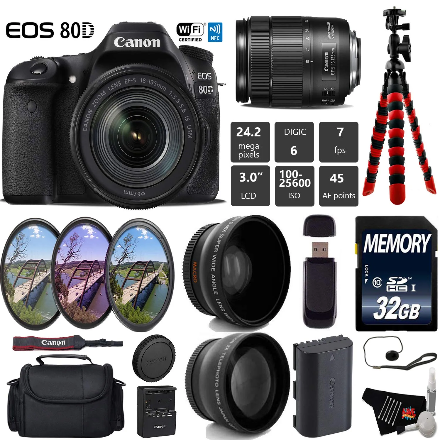 Canon EOS 80D DSLR Camera with 18-135mm is STM Lens   UV FLD CPL Filter Kit   Wide Angle & Telephoto Lens   Camera Case Starter Bundle