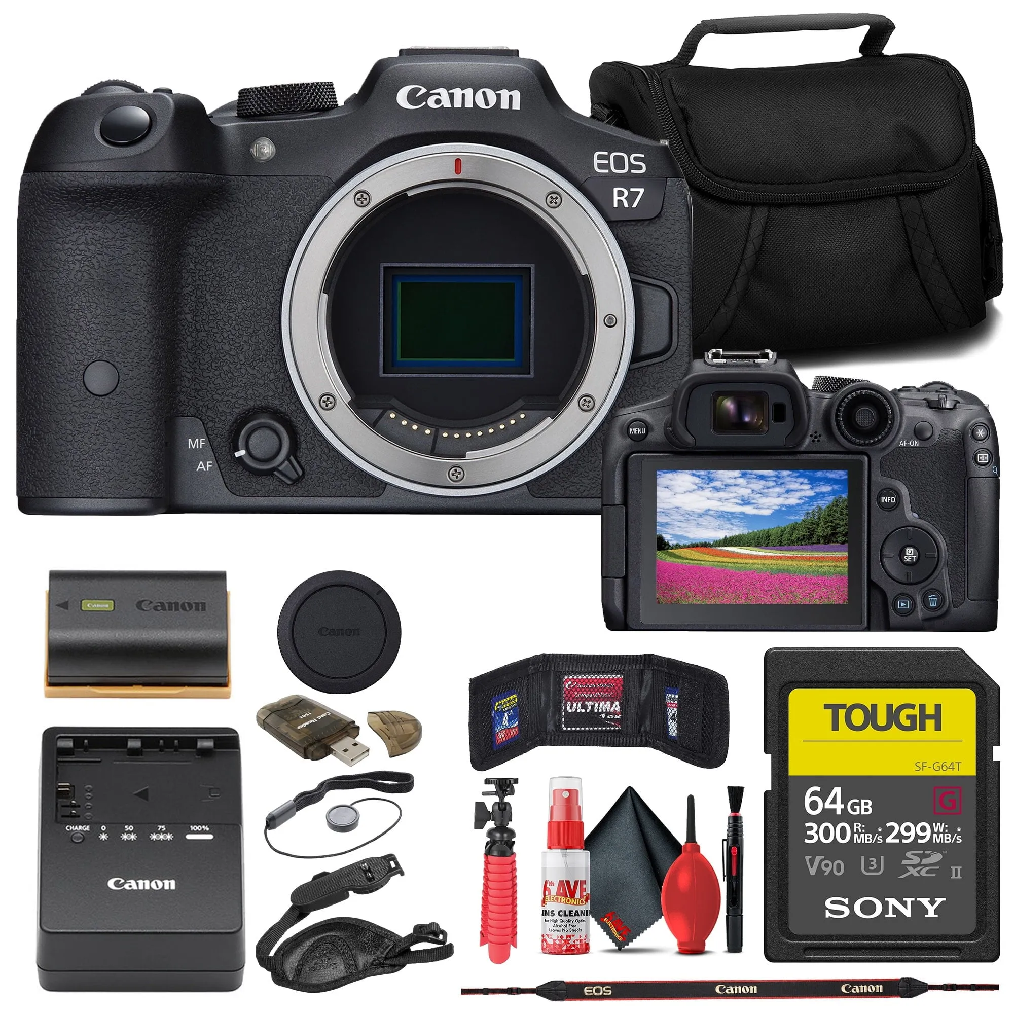 Canon EOS R7 Mirrorless Camera   64GB TOUGH SD Card   Bag Base Bundle