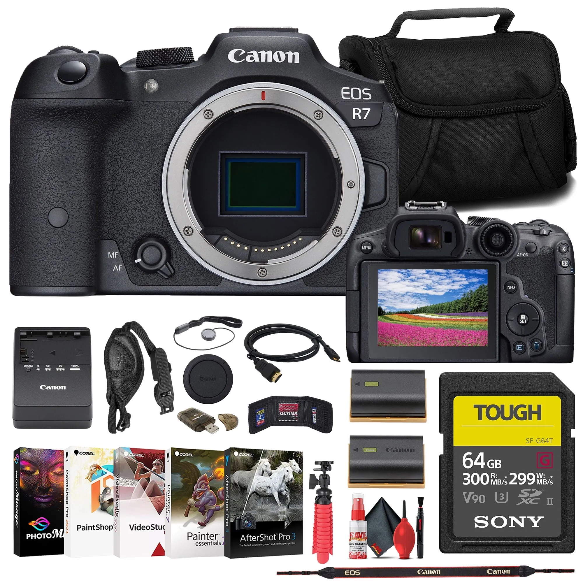 Canon EOS R7 Mirrorless Camera   64GB TOUGH SD Card   Bag Starter Bundle