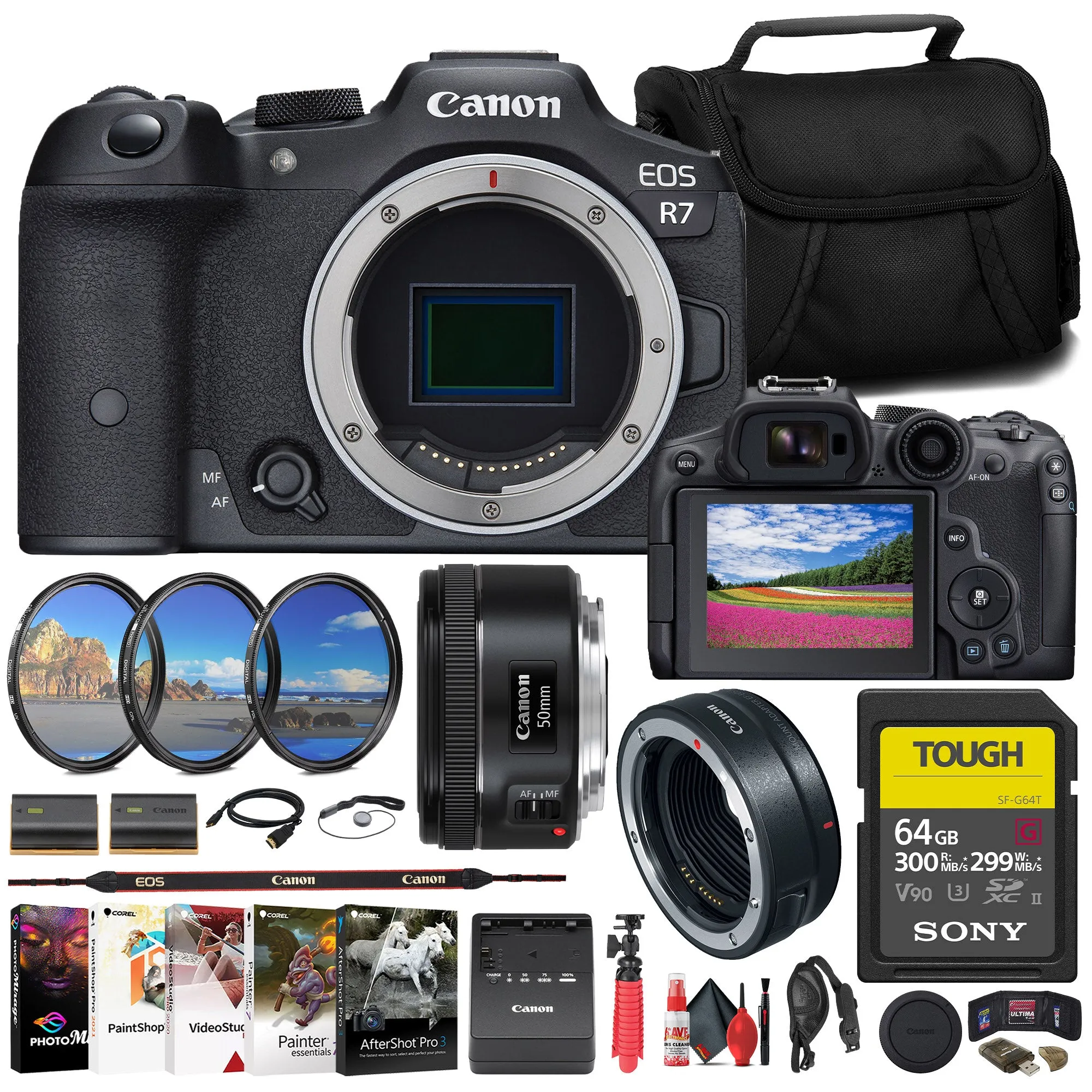 Canon EOS R7 Mirrorless Camera   Canon EF 50mm Lens   64GB TOUGH Card   More