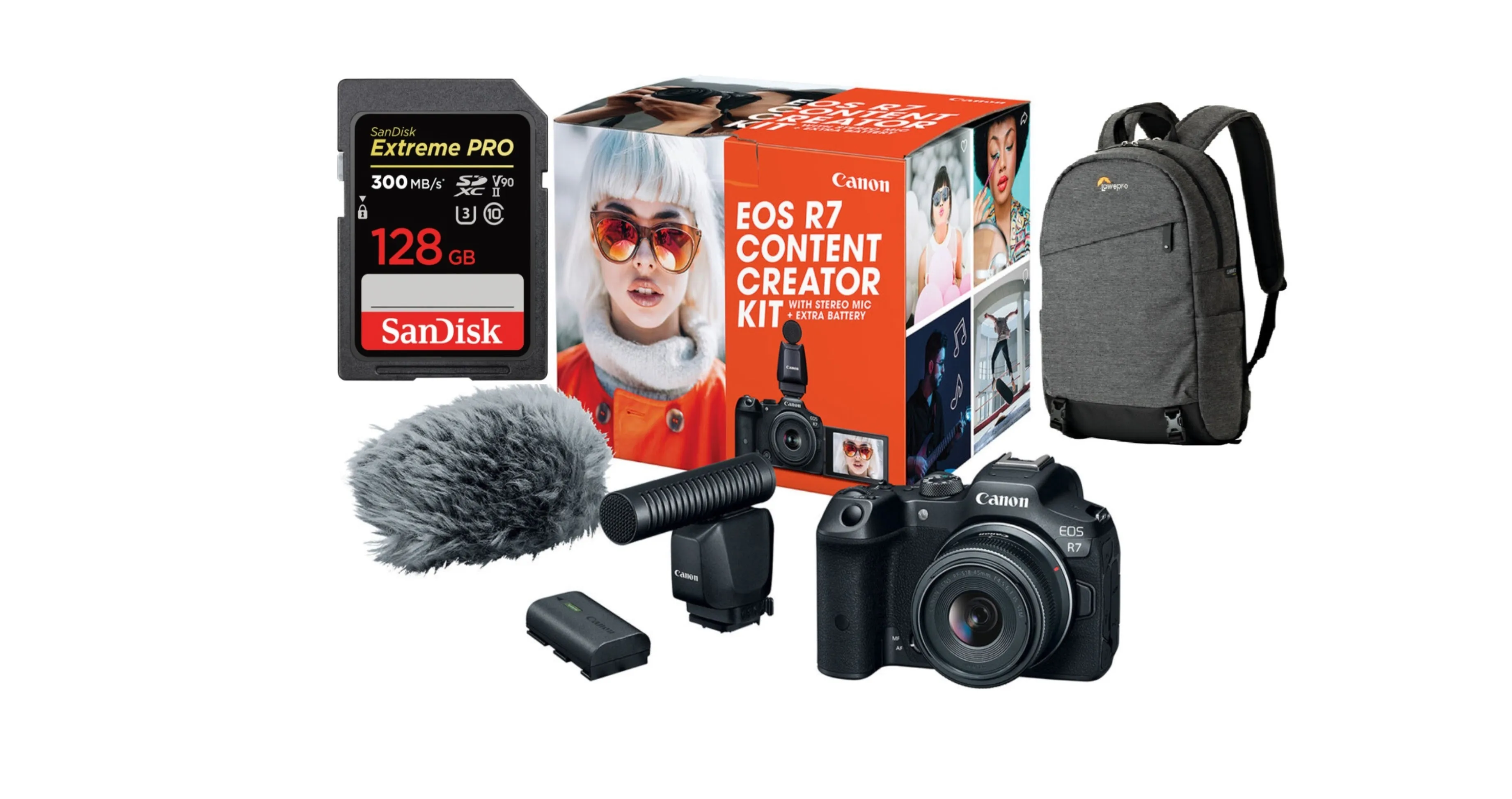 Canon EOS R7 Mirrorless Camera with 18-45mm Lens Content Creator Kit W/ SanDisk 128GB Extreme PRO UHS-II SDXC Memory Card   Backpack